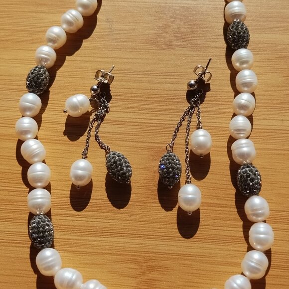 Honora Freshwater Pearl Swarovski Crystal Necklace Earrings Set 925 Sterling - Picture 4 of 6